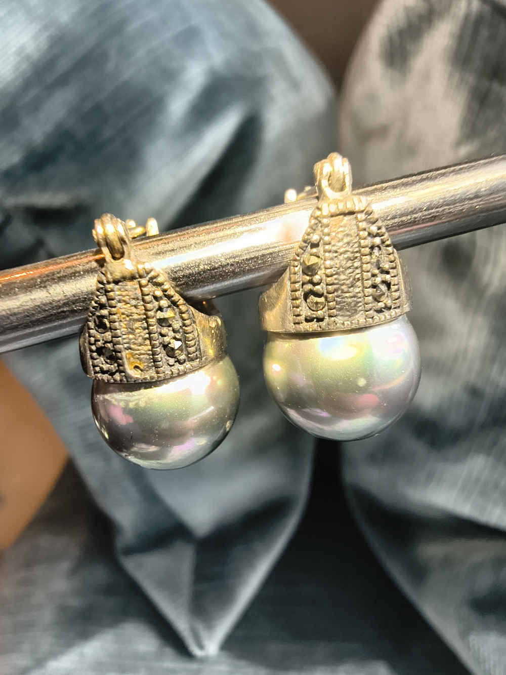 925 Sterling Silver Marcasite Pearl Clip On Earrings Vintage Drop Earrings